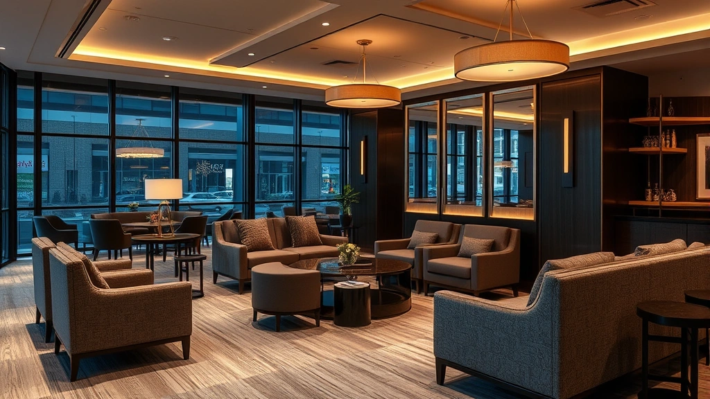 Luxury hospitality lounge space featuring contemporary Grand Rapids-style seating in sophisticated fabric, warm ambient lighting, designer interior, upscale commercial environment