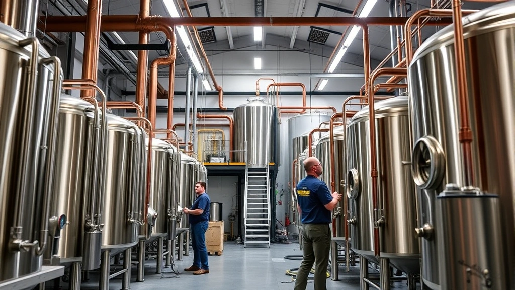 Professional brewery interior with stainless steel fermentation tanks, copper brewing equipment, and industrial lighting. Workers in brewery attire conducting quality checks. Modern production facility showcasing craftsmanship and operational excellence.
