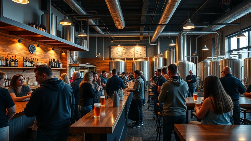 Brewery taproom environment with customers enjoying beer, wood and metal bar design, warm ambient lighting, and casual social atmosphere. People conversing and enjoying craft beverages in contemporary brewery setting.