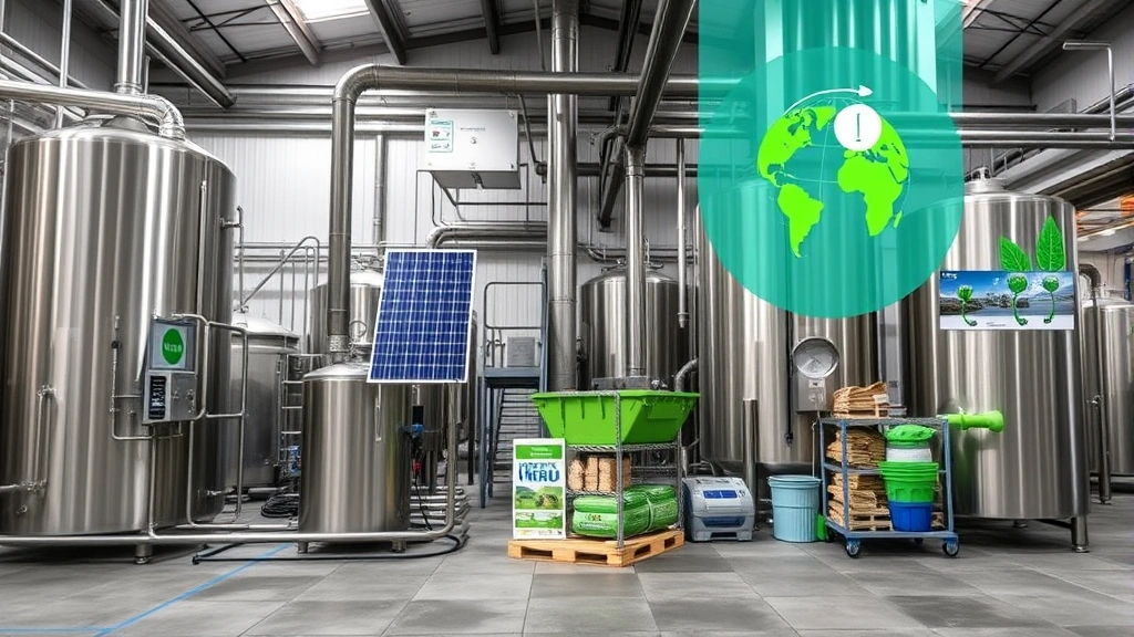 Brewery sustainability operations showing water recycling systems, renewable energy panels, waste management infrastructure, and green environmental practices in industrial production facility.