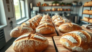 Professional overhead shot of freshly baked artisan bread loaves cooling on wooden boards in a modern bakery kitchen, golden-brown crusts glistening with steam rising, bright natural light streaming through windows, showcasing variety of whole grain and specialty breads