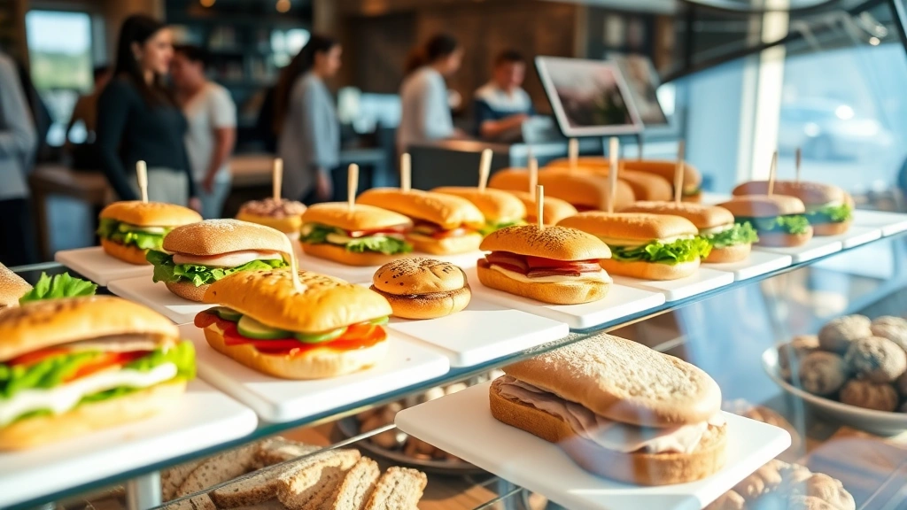 Contemporary bakery display case with multiple fresh sandwiches and bread varieties arranged professionally on white serving boards, customers visible in soft focus in background, morning sunlight creating warm ambiance, emphasizing freshness and quality presentation