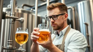 Professional brewmaster in craft brewery examining golden beer in glass vessel during quality control testing, modern stainless steel equipment background, natural lighting, focused concentration