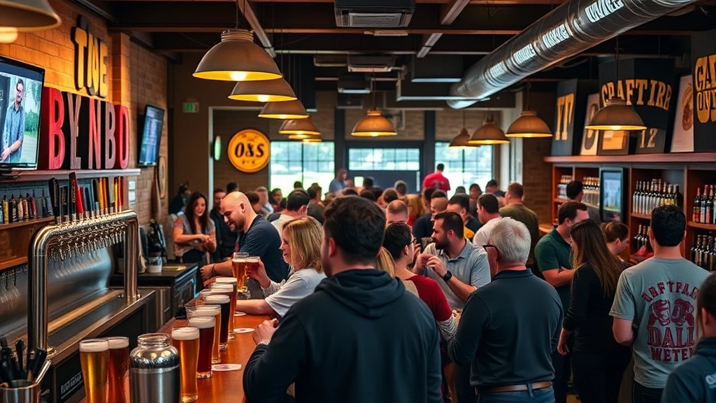 Busy taproom interior with customers enjoying craft beers at bar counter, warm ambient lighting, diverse demographics, casual social atmosphere, craft beer taps and branded glassware visible