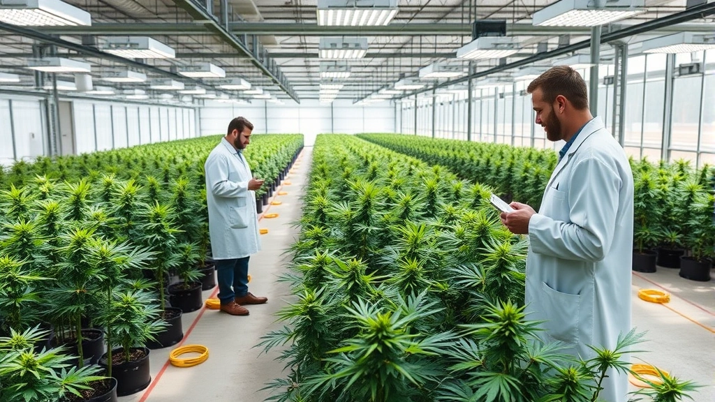 Modern cannabis cultivation facility with organized rows of healthy plants under professional LED growing lights, climate control equipment visible, clean concrete floors, professional staff member in white lab coat conducting plant inspection, natural sunlight streaming through greenhouse sections, emphasizing operational cleanliness and technological sophistication