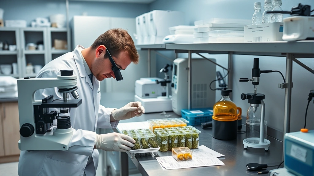 Professional laboratory testing facility with scientist examining cannabis samples under microscope, analytical equipment visible on stainless steel workbenches, quality control documentation and testing instruments displayed, professional laboratory environment with proper lighting and organization, demonstrating rigorous product testing protocols and scientific standards