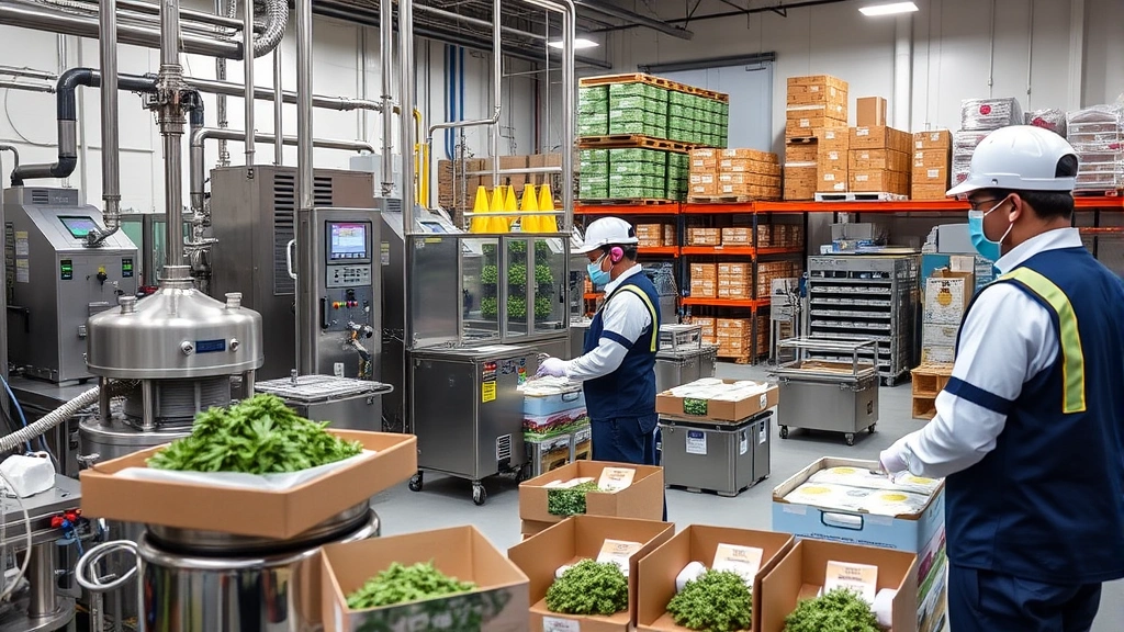 Cannabis processing and packaging facility with workers in professional uniforms and safety equipment operating modern extraction and packaging machinery, organized product storage systems visible, quality control checkpoints demonstrated, professional warehouse environment with proper climate control, emphasizing operational efficiency and product safety standards