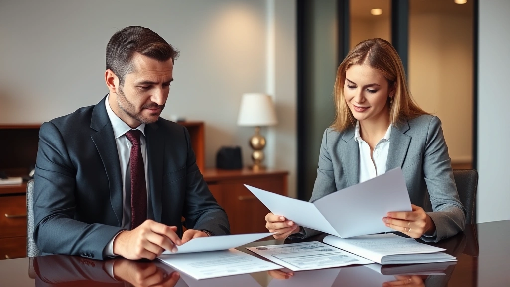 Professional male and female trust officers in business attire reviewing client documents in modern office setting, focused expressions, warm lighting, mahogany desk with financial reports