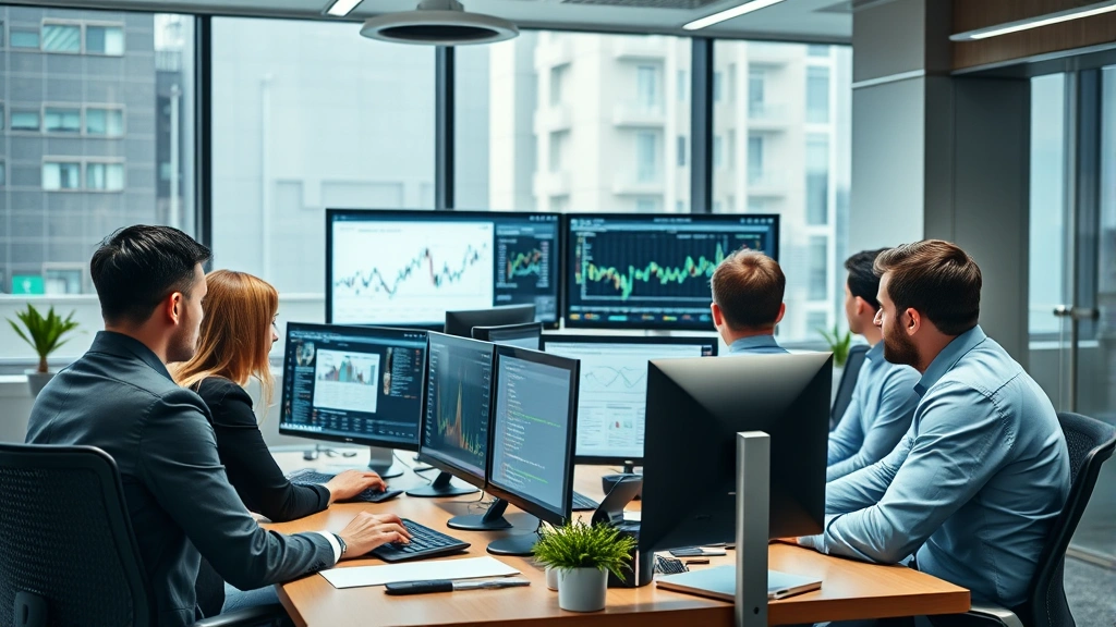 Diverse team of financial professionals in business meeting room analyzing portfolio performance on multiple computer monitors, collaborative atmosphere, contemporary corporate environment