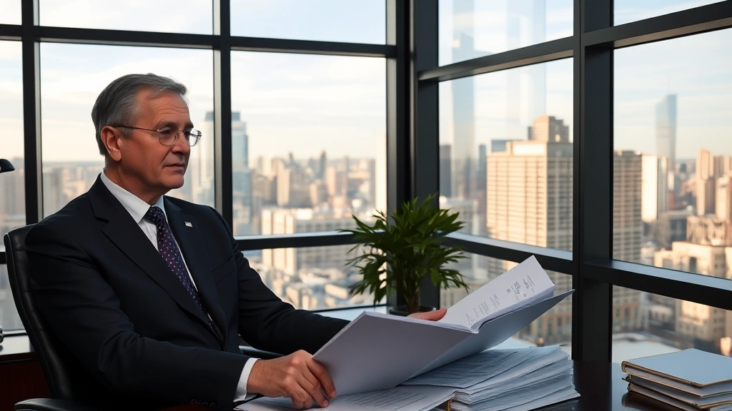 Senior executive in suit reviewing trust administration files and client records in private office with floor-to-ceiling windows overlooking city skyline, confident posture, professional setting