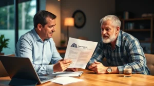 Professional insurance agent reviewing farm property coverage documents with rural landowner in modern office setting, warm lighting, wooden desk with laptop