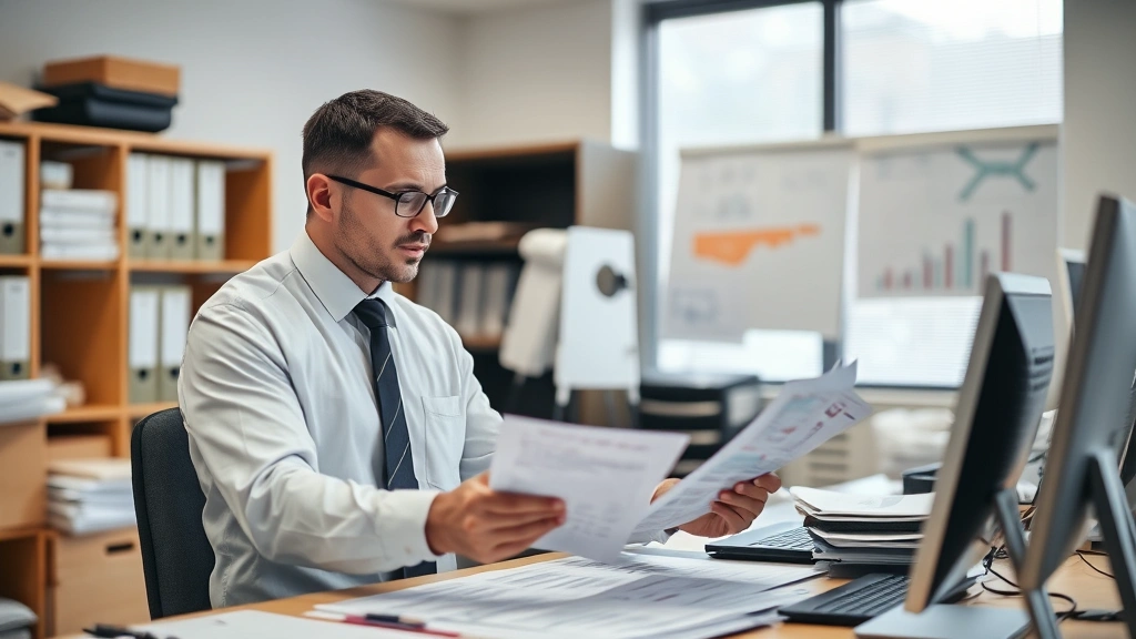 Claims adjuster examining commercial property damage documentation in organized office environment, professional attire, focused on assessment paperwork and digital systems