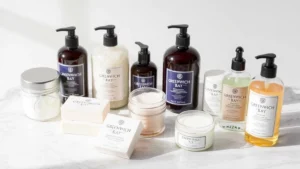 Professional product photography of Greenwich Bay Trading Company bath and body care collection arranged on marble surface with natural soft lighting, featuring multiple product formats including luxury soap bars, bath salts in glass jars, and premium lotions in elegant bottles, minimalist aesthetic with neutral tones.