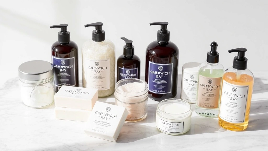 Professional product photography of Greenwich Bay Trading Company bath and body care collection arranged on marble surface with natural soft lighting, featuring multiple product formats including luxury soap bars, bath salts in glass jars, and premium lotions in elegant bottles, minimalist aesthetic with neutral tones.