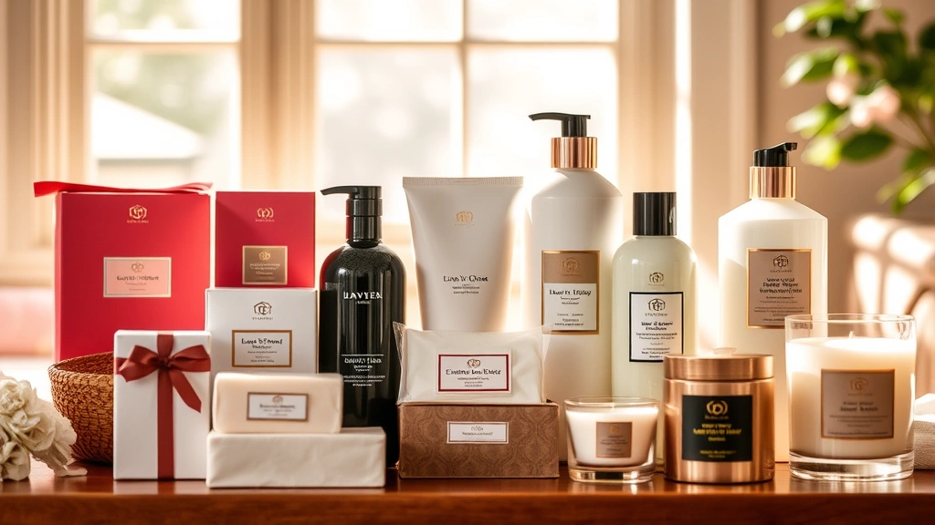 Premium bath and body care products displayed with natural lighting, showcasing luxury packaging and varied product formats including soaps, lotions, and candles in warm, inviting arrangement.