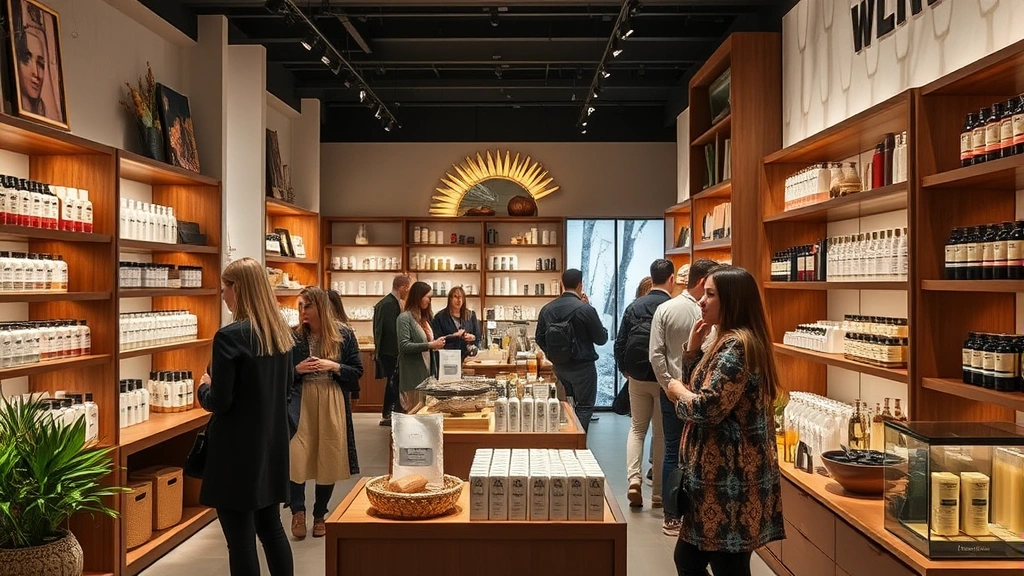 Luxury lifestyle retail environment with customers browsing premium bath and body products, warm ambient lighting, natural materials, and carefully arranged product displays creating inviting shopping atmosphere.