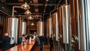 Modern craft brewery interior with stainless steel fermentation tanks, professional lighting, wooden bar counter, customers socializing, professional atmosphere, high-quality photography