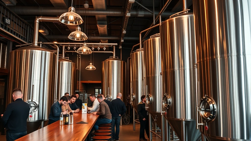 Modern craft brewery interior with stainless steel fermentation tanks, professional lighting, wooden bar counter, customers socializing, professional atmosphere, high-quality photography