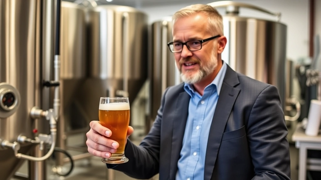 Brewery owner or staff member conducting beer tasting or quality control, holding glass of craft beer, laboratory or tasting room setting, professional business casual attire, focused expression