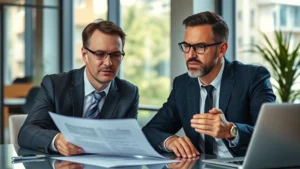 Professional business insurance advisor reviewing commercial policy documents with client in modern office setting, natural daylight, serious focused expressions, contemporary workspace