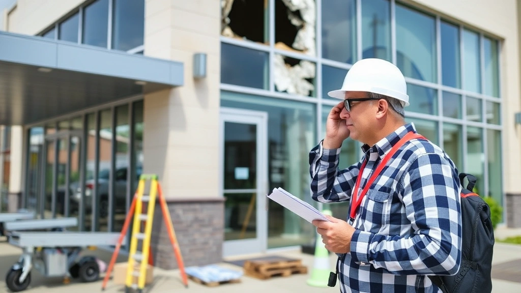 Claims adjuster conducting property damage assessment at commercial building exterior, measuring equipment visible, professional attire, clear daylight photography, detailed inspection documentation