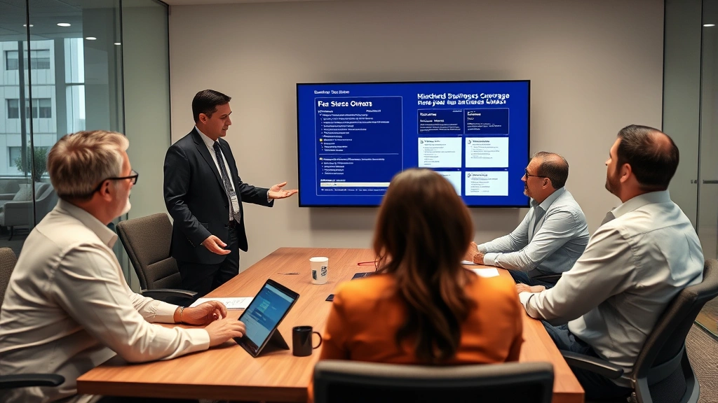 Insurance agent presenting customized coverage analysis to business owner team in conference room, digital displays showing policy options, collaborative discussion environment, corporate setting
