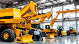 Modern equipment dealership showroom featuring yellow heavy machinery, cranes, and construction equipment displayed professionally with natural lighting, customers examining machinery, professional environment