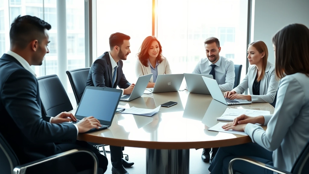 Professional business team collaborating around polished conference table with laptops and documents, modern office environment, diverse group engaged in strategic discussion, corporate setting with natural lighting