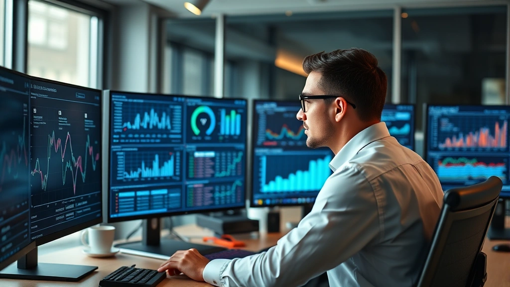 Executive reviewing financial dashboards on multiple monitors, professional business office, data analytics visualization displays, serious focused professional examining performance metrics, contemporary workplace