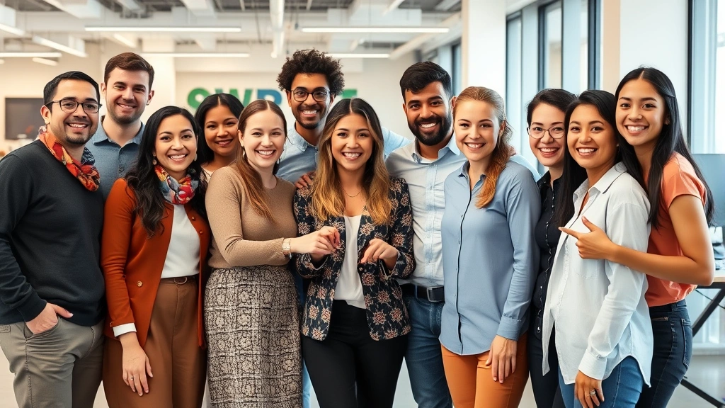 Diverse group of employees in modern office space celebrating achievement together, genuine smiles and engagement, collaborative team environment, professional casual attire, inclusive workplace culture