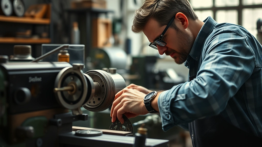 Vintage watch craftsman working at precision lathe with mechanical components, professional workshop setting with natural light, detailed focus on skilled hands and watchmaking tools, photorealistic corporate heritage imagery
