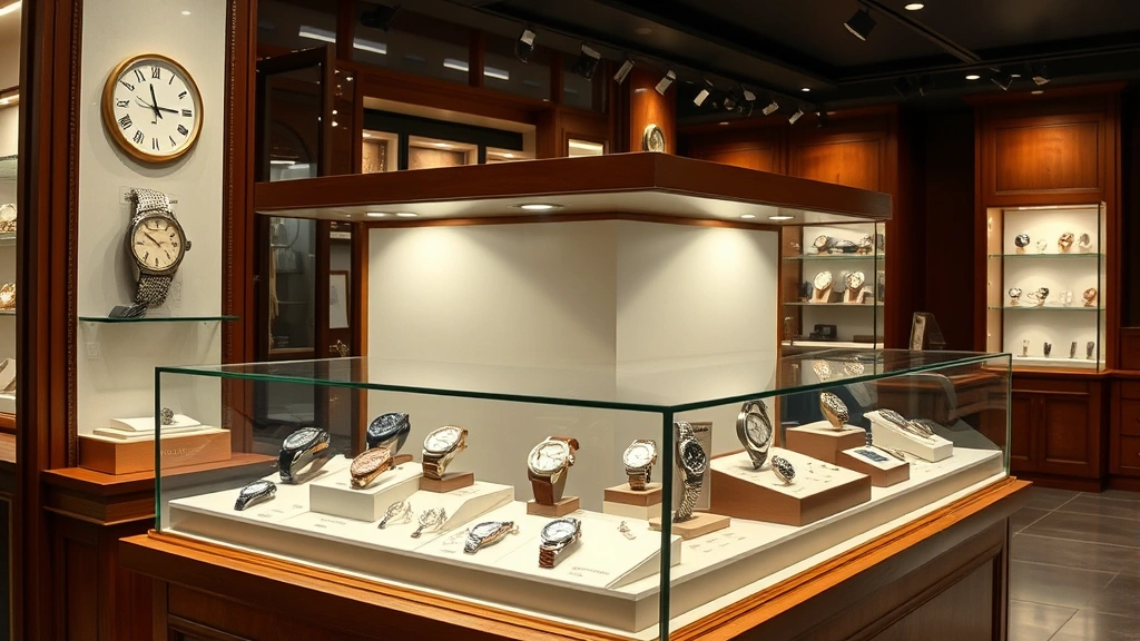 Upscale jewelry store display case from mid-century era featuring multiple elegant timepieces, professional retail environment with professional lighting, sophisticated merchandising arrangement, vintage luxury retail atmosphere