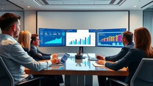 Executive leadership team reviewing growth strategy metrics and financial dashboards in modern conference room with large monitors displaying analytics and performance data