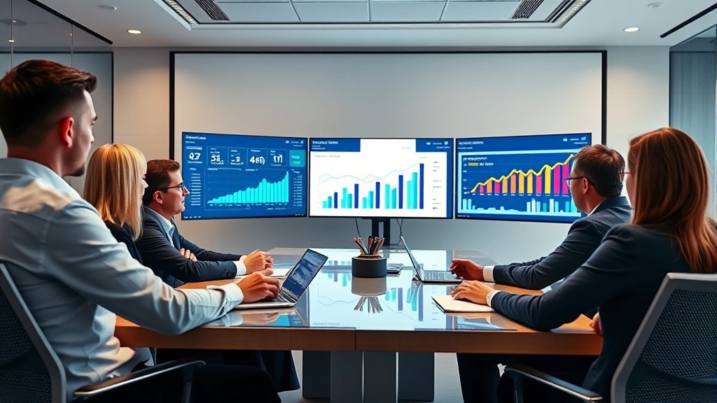 Executive leadership team reviewing growth strategy metrics and financial dashboards in modern conference room with large monitors displaying analytics and performance data