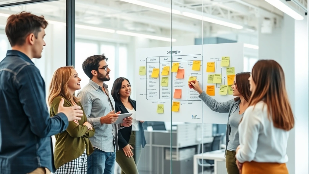 Diverse team collaborating on strategic planning with sticky notes and diagrams on glass wall in bright office space, showing organizational alignment and teamwork