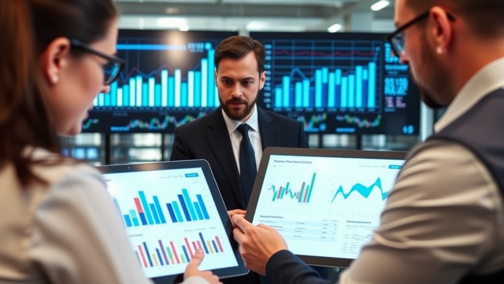 Business professionals analyzing market data and competitive landscape with charts and graphs on digital displays, representing strategic decision-making and business intelligence