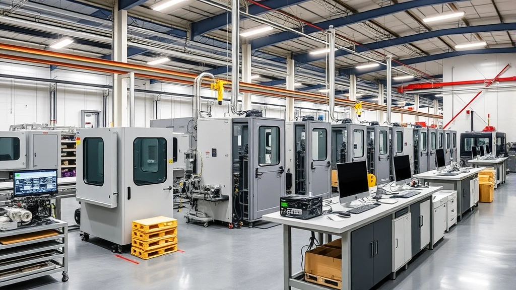 Industrial manufacturing facility with automated door assembly equipment, precision machinery, and quality control workstations in modern factory setting