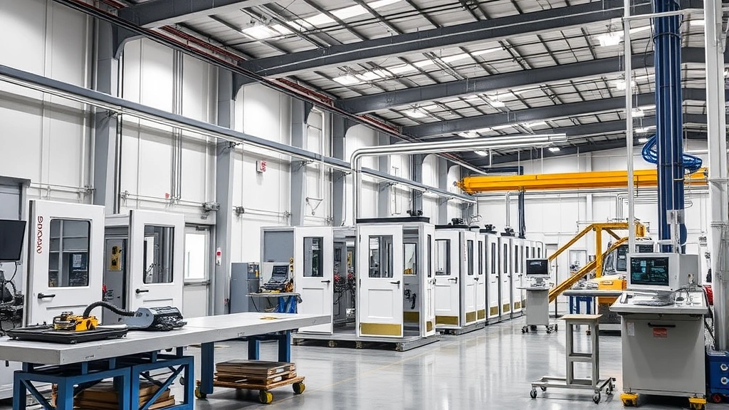 Modern industrial manufacturing facility with precision door assembly equipment and quality control stations
