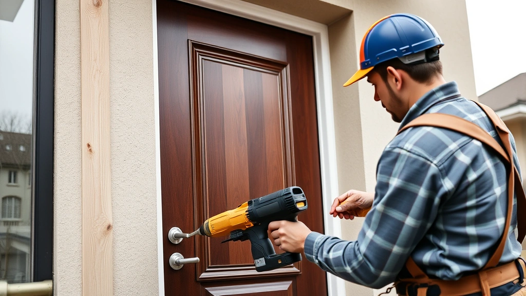 Professional contractor installing premium residential door with precision tools in modern home construction environment