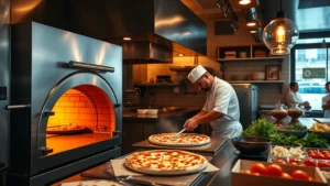 Professional pizzeria kitchen with wood-fired oven, chef in white uniform preparing fresh dough, stainless steel surfaces, warm amber lighting, high-quality ingredients visible on counter, busy restaurant environment, cinematic food photography