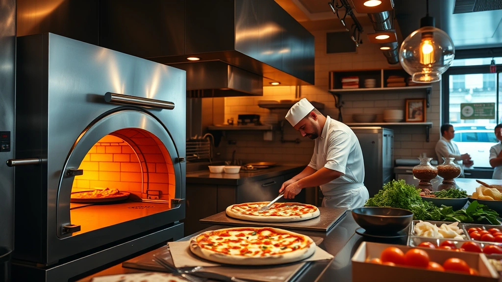 Professional pizzeria kitchen with wood-fired oven, chef in white uniform preparing fresh dough, stainless steel surfaces, warm amber lighting, high-quality ingredients visible on counter, busy restaurant environment, cinematic food photography