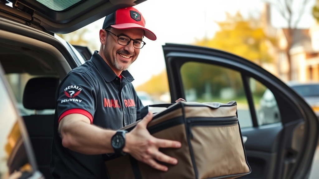 Modern pizza delivery driver in branded uniform loading insulated delivery bag into vehicle, professional appearance, suburban street background, daytime lighting, quality delivery equipment visible, emphasis on logistics and customer service operations