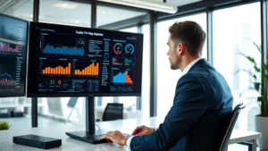 Professional business executive in modern office setting reviewing digital analytics dashboard with multiple screens displaying supply chain metrics, inventory data, and performance charts, clean contemporary workspace with natural lighting