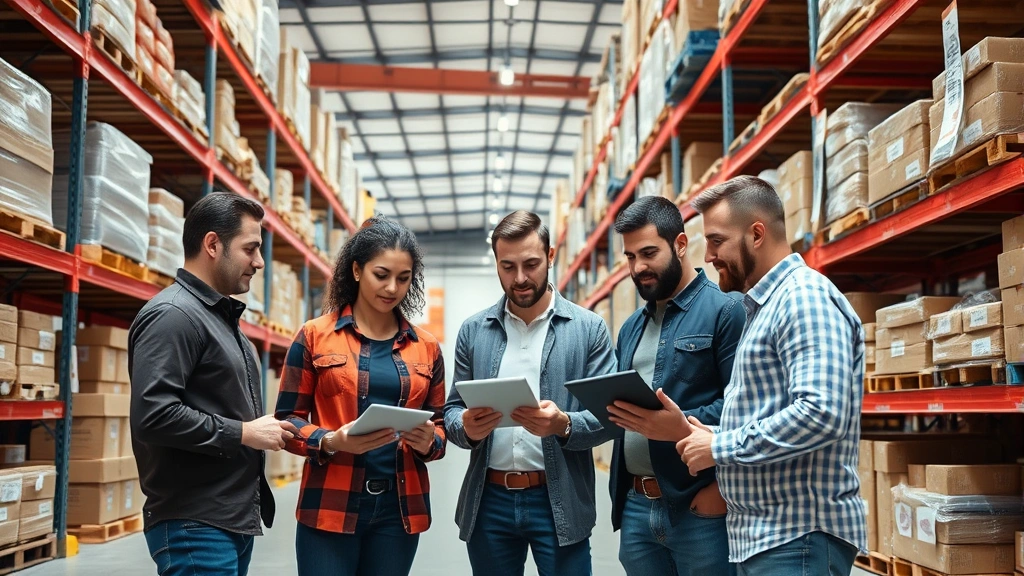 Diverse logistics team collaborating in distribution warehouse environment with organized shelving systems, packages, and inventory management technology visible, team members using tablets and reviewing operations