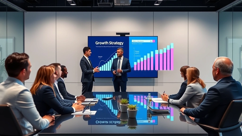 Modern corporate meeting room with business professionals presenting growth strategy using digital displays, professional attire, collaborative environment demonstrating strategic planning and market analysis discussion