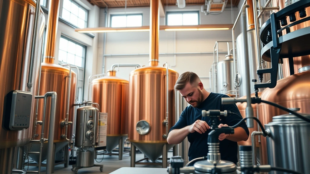 Professional craft brewery interior with copper brewing tanks, stainless steel equipment, and warm overhead lighting, brewmaster in focus working with precision instruments, clean organized workspace, natural light from industrial windows, professional photography of active brewing operation