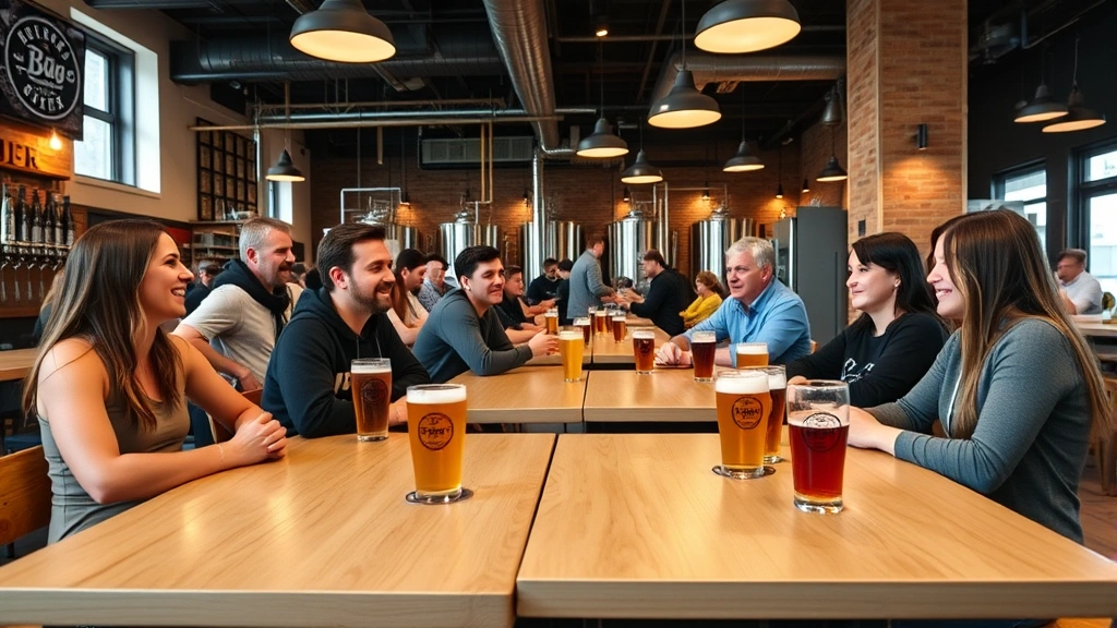 Modern brewery taproom with customers enjoying craft beer, casual social atmosphere, blonde wood tables, contemporary bar seating, people laughing and conversing, warm ambient lighting, brewery branded glassware, authentic community gathering space photography