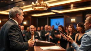 Professional auctioneer conducting live auction with engaged bidders in modern auction house, dramatic lighting, focused expressions, luxury setting with wooden gavel and bidding paddles