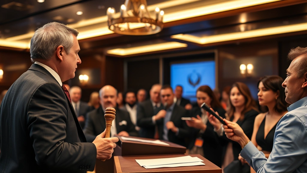Professional auctioneer conducting live auction with engaged bidders in modern auction house, dramatic lighting, focused expressions, luxury setting with wooden gavel and bidding paddles