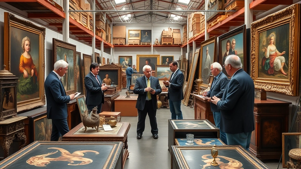 Diverse team of auction specialists reviewing high-value items in climate-controlled warehouse, examining artwork and collectibles with professional documentation, modern assessment tools visible